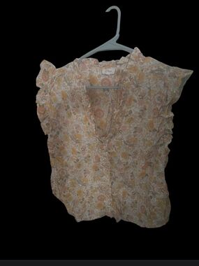 Floral Cotton Ruffle Sleeve Blouse - Peach & Yellow Sz M